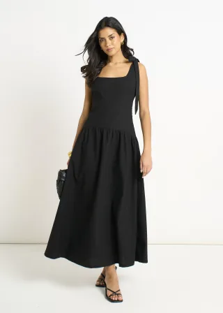 Schwarzes Midikleid aus Leinenmischung mit tief sitzender Taille