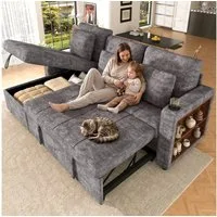 Merax Schlafsofa mit Récamiere, ausziehbares Sofa mit Bettfunktion, Chenille-Bezug, moderne Couch für Wohnzimmer, Apartment und Gästezimmer 1 Teile, Sofa mit Bettkasten, Armlehnen-Regal, Getränkehalter & Seitentaschen