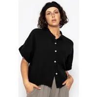 SASSYCLASSY Langarmbluse Musselin Bluse Kurzarm für Damen Musselinbluse im verkürztem Schnitt mit Stehkragen Hellbeige Schwarz