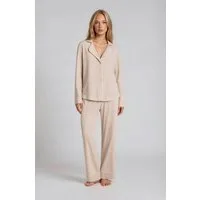 Mademoiselle Sommeil Pyjama Damen Schlafanzug aus EcoVero™ Viskose in schlichtem Taupe Hemdbluse & Hose, Kontrastpaspel, weich, gefertigt in Polen