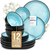PURE LIVING INTERIOR DESIGN Geschirr-Set Pure Living »Ibiza« (12-tlg), 4 Personen, Steingut, Aquamarin, 4 Personen, Steingut, Mediterrane Handwerksoptik, Reaktive Glasur – jedes Stück einzigartig…