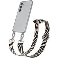 EAZY CASE Handykette Boho Umhängeband für Samsung Galaxy S24 6,2 Zoll, Verstellbarer Zebra Trageriemen Case transparent Kette Schwarz Beige