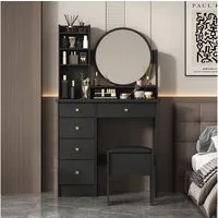 HOMSEE Schminktisch Schminktisch mit Spiegel & 5 Schubladen, Schwarz, MDF, 135x80x40cm (1-St), inklusive passendem Hocker, 4 offene Fächer