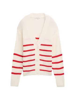 Denim Tom Tailor - Cardigan mit V-Ausschnitt placed white red stripe - Gr. - S