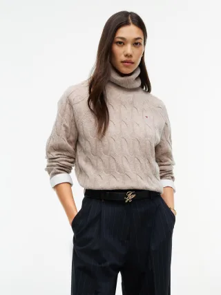 SOFT WOOL CABLE ROLL-NK LS SWT Light Camel Heather - Gr. - XS