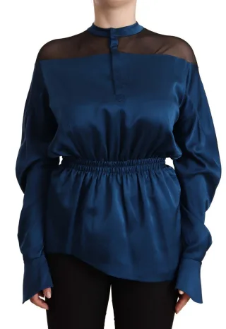 Masha Ma Seiden-Satin-Bluse mit hohem Kragen und langen Ärmeln
