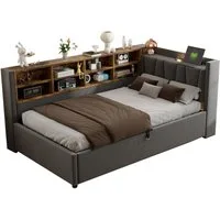 MODFU Schlafsofa Mit Hydraulischem Stauraum, Nachtlicht, USB & Typ-C Ladeanschlüssen, Samt,Polsterbett mit Ablagen und Staufächern, Multifunktionales Kinderbett 90x200 cm, ohne Matratze
