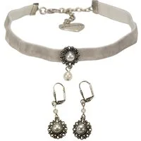 Alpenflüstern Ketten-Set Trachtenschmuck-Set Trachten-Samt-Kropfband und Ohrhänger Helena (grau), - Damen-Trachten-Schmuck, Trachtenset Trachtenkette und Trachten-Ohrringe