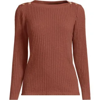 Rippstrick-Shirt mit U-Boot-Ausschnitt, Damen,  Braun, Elasthan/Baumwoll-Mischung/Polyester-Mischung, by Lands' End