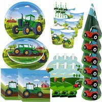 partydeco Pappteller Öko-Geburtstagsset Traktor-Farm: Teller, Becher, Servietten