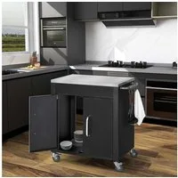 furnicato Kücheninsel Outdoor-Grillwagen Schwarz 86L x 50B x 86,5H cm, Küchenwagen mit Schrank, S-Haken und vier Universalrollen mit Bremse