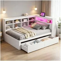 REDOM Stauraumbett mit USB-Steckdose und LED-Beleuchtung, mit Regalen und Ablagefächern (mit Schubladen,Kinderbett Jugendbett, 90x200cm), ohne Matratze