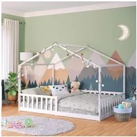 Bellabino Hausbett Kinderbett Bia mit Lattenrost (weiß, optional mit Matratze), Bodenbett mit Rausfallschutz, verfügbar in 80x160 & 90/120/140x200 cm