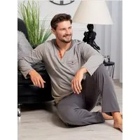 HOTBERG Pyjama Baumwolle Schlafanzug-Set Herren lang (2 tlg) Grafit-Grau mit Kontrastnähten, Schlaf-Shirt mit V-Ausschnitt