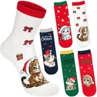 BRUBAKER Socken Damen und Herren Weihnachtssocken - Merry Catmas Unisexsocken (Bunte Baumwollsocken für Frauen und Männer - Geschenkset, 5-Paar, Damensocken mit humorvollen Katzenmotiven) Lustige Herrensocken für Weihnachten & Nikolaus