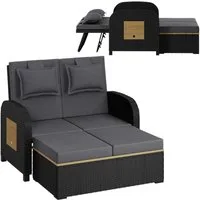 STEELSØN Gartenlounge-Set Caelum Gartensofa mit Liegefunktion, (schwarz/anthrazit, mit Kissen, wetterfest), Rattan Sonnenliege, herausziehbare Bank, ausklappbare Seiten-Tabletts