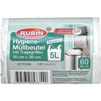 RUBIN Müllbeutel, 60 Stück Rolle, 5 Liter, weiß, reißfest, blickdicht, mit Traggriffen