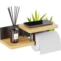 SURFOU Toilettenpapierhalter toilettenpapier aufbewahrung aus Bambus & Eisen - 2-in-1-Montage, Für Smartphone, Kosmetik & Toilettenpapier. Für Bad & WC. 