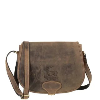Jagdtasche mit Hirschprägung aus Leder in antikbraun Format L | Greenburry. Robuste Schultertasche Vintage Hunting mit einem sicheren Vorfach.