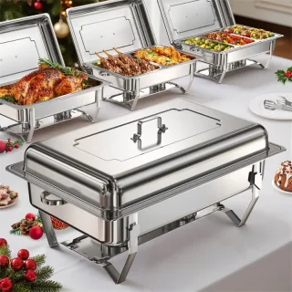 WARMOUNTS Chafing Dishes for Buffet 8QT 4 Pack Food Grade 430 Stainless Steel Chafing Dish Buffet Set w/Foldable Frame N