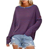 Arach&Cloz Langarmshirt Damen Oversize Shirt, Gestreiftes Off-Shoulder Top für Sommer und Urlaub