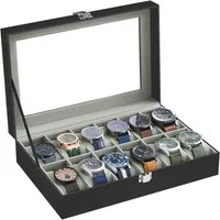 SONGMICS Uhrenbox 12 Fächern, Uhrenkasten, Premium-Uhrenschatulle, 20,2 x 30,2 x 7,8 cm, herausnehmbaren Uhrenkissen,PU-Bezug in Schwarz,Samtfutter in Grüngrau