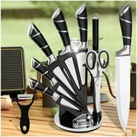 MDHAND Messer-Set 9-teiliges Küchenmesserset aus Edelstahl mit Antihaftklingen (9-tlg), Drehbarer Messerblock inkl. Schärfer, ergonomische Griffe