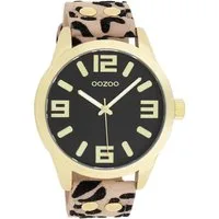 OOZOO Quarzuhr Damenuhr C1098 – Elegante Quarzuhr in IP-Gold, Taupef. Lederarmband, mit Animalprint, 46 mm Gehäuse – Zeitloses Design für Damen