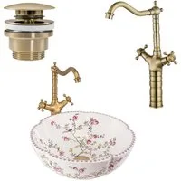 wohnwerk.idee Aufsatzwaschbecken Florales Aufsatzwaschbecken, Vintage Design, Weiß mit Blumenmotiv