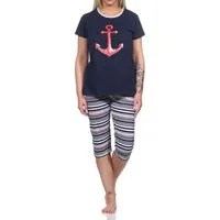 Normann Pyjama Damen Capri Schlafanzug kurzarm Pyjama mit Anker-Motiv und Ringeln