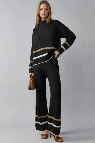 Halb-Zip-Pullover & Weite Hosen Gestreiftes Strick-Set
