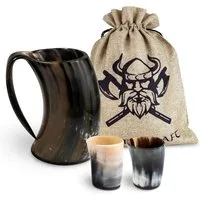VIKING CRAFT Bierkrug Trinkhorn Wikinger Krug 600ml - Großer Horn Krug und 2 Wikinger Becher, Wikinger Deko, Mittelalter Bierkrug, LARP