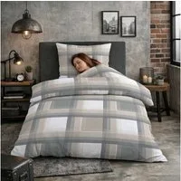 Casa Colori Bettwäsche Microfaser Fleece Wintergarnitur 135x200 cm kuschelig weich, Fleece, 2 teilig, Grau Braun Kariert