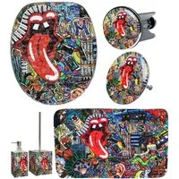 Sanilo Badaccessoire-Set 6-teilig Graffiti, WC-Sitz mit Absenkautomatik, Badteppich 70 x 110 cm, Waschbeckenstöpsel, Badewannenstöpsel, Seifenspender, WC-Bürste, 6 tlg., hochwertig & modern, universell, leichte Montage