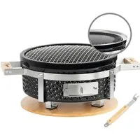 BBQ-Toro Tischgrill Keramik Tischgrill Rund, Ø 29,5 cm, Japanischer Grill mit Holzunterlag, Optimale Hitzespeicherung durch dickwandige Keramikhülle