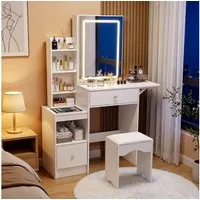 oyajia Schminktisch mit LED-Spiegel, 2 Schubladen & 4 offenen Fächern, 80x35x135 cm (Kosmetiktisch mit kabellose Ladestation, RGB LED Beleuchtung und Hocker), Weiß Schminktisch Klein Modern für das Schlafzimmer