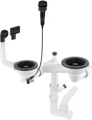 Neuesbad Siphon SPACE SAVER für 1,5/2-Becken-Granitspülen 3,5", POP-UP-Ablauf mit BUTTON, Schwarz NB1DEZXYN9831