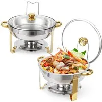 GarveeMore Speisenwärmer 5L runde Edelstahl-Chafing-Dishes und Warmhaltebehälter, (2-tlg), mit Deckelhalter und Glasdeckel für Catering,Partys,Abendessen