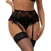Lau-Fashion Strapsgürtel Strumpfhalter Unterwäsche Spitze Hüfthalter Strapse String Tanga S/XL