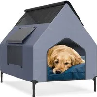 FIVMEN Hundebett mit Baldachin Hundeliege Hundehütte im Hausform, Oxford-Material Stahlrahmen Hundekäfig S/M/L