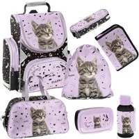 Familando Schulranzen Kitty Katze Schultasche, lila, für Mädchen 1. bis 4. Klasse (Set, 8-tlg., inkl. Federmappe, Lunch-Set und Sporttasche), ergonomisch, 1.010 Gramm leicht, 18L Volumen