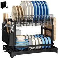 OKWISH Geschirrständer 2-stufiges Geschirrabtropfer Geschirr Trockenständer, Zubehör für Kitchen, Aufbewahrung Abtropfgestell mit Getränkehalter 42×30×29 cm