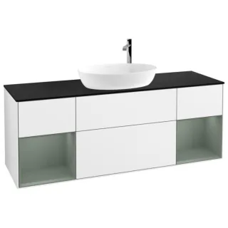 Villeroy und Boch Finion Waschtischunterschrank F982GMGF 160cm, Abdeckplatte black matt, Regale Olive matt lacquer, Glossy white lacquer