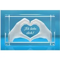 VIP-LASER Dekofigur 3D Glasquader I Herz aus Händen mit Gravur I Text: Ich liebe Dich!, Hochwertige Geschenkbox, Made in Germany, Familienbetrieb