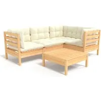 vidaXL Gartenlounge-Set 5-tlg. Garten-Lounge-Set mit Creme Kissen Kiefernholz, (5-tlg)