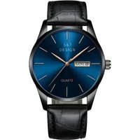 S&T Design Quarzuhr Herren Uhr Leder Armbanduhr Herrenuhr, (Packung, inkl. Uhrendose), Männer Uhr Schwarz Datum Wasserdicht 3Bar