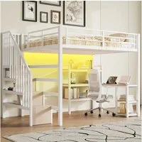 Merax Hochbett 140x200cm mit LED-Licht & USB-Ladestation (Jugendbett, 1-St) Metallbett Kinderbett mit Schreibtisch Treppe Ablagefächern Stauraum