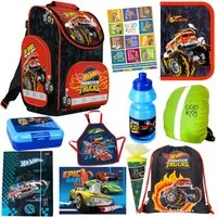 GOLDKIDS Schulranzen für Jungen und Mädchen, 11er-Set - (Schul-Rucksack für Kinder mit Federmäppchen, 1-tlg., - Turnbeutel Lunch-Set und Hausaufgabenheft), - Hot Wheels Motiv - 1-3