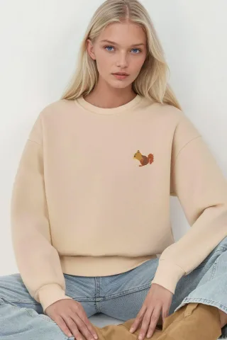 Bequemes Tiermuster bestickter erhöhter Rundhalsausschnitt Sweatshirt
