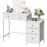 OYRREU Konsolentisch mit 5 Stoffschubladen, 104 cm, Schminktisch, weiß (Schminkkommode-Set inkl. Spiegel, Beleuchtung, 1-Stk), Kompaktes Design